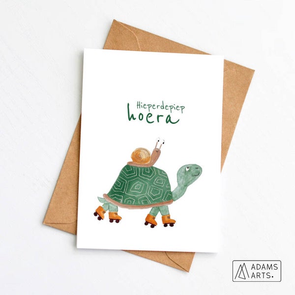 Verjaardagskaart // Hieperdepiep hoera - schildpad en slak