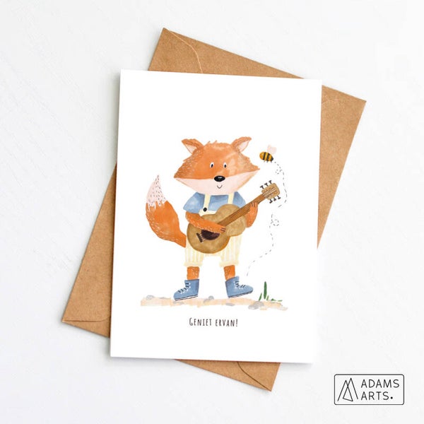 Verjaardagskaart // Geniet - vos met gitaar