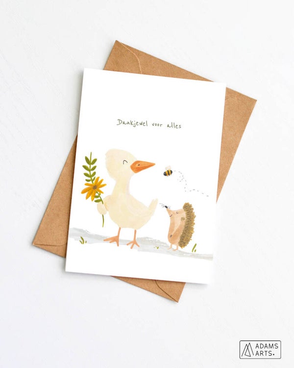 Bedankingskaart // Dankjewel voor alles - eend en egels