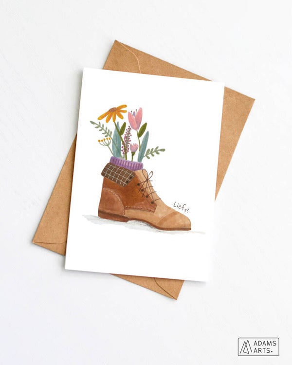 Wenskaart bedanking/beterschap/zomaar - liefs - schoen met bloemen