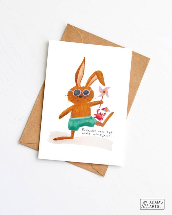Wenskaart // Bedankt voor het mooie schooljaar - konijn met windmolentje