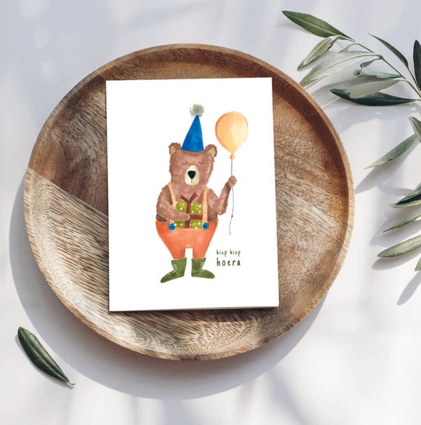 Postkaart // Hiep hiep hoera - beer ballon