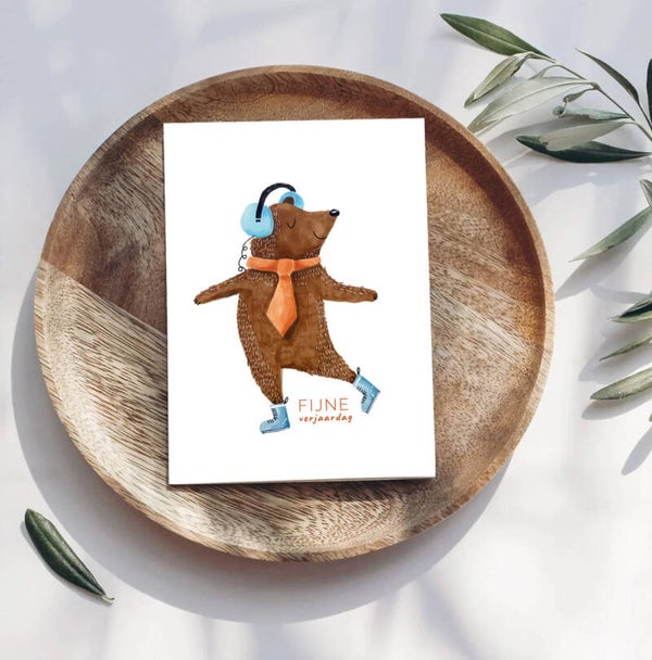 Verjaardagskaart // Fijne verjaardag - beer koptelefoon