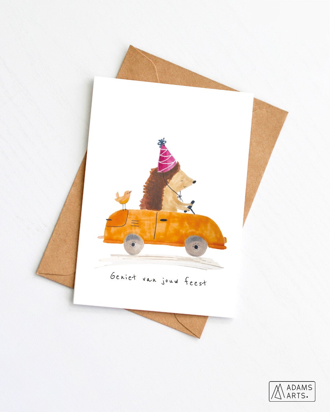 Verjaardagskaart/feestkaart/communiekaart // Geniet van jouw feest - egel in auto