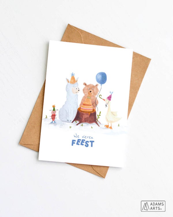 Verjaardagskaart/feestkaart/communiekaart // We vieren feest - picknick lama