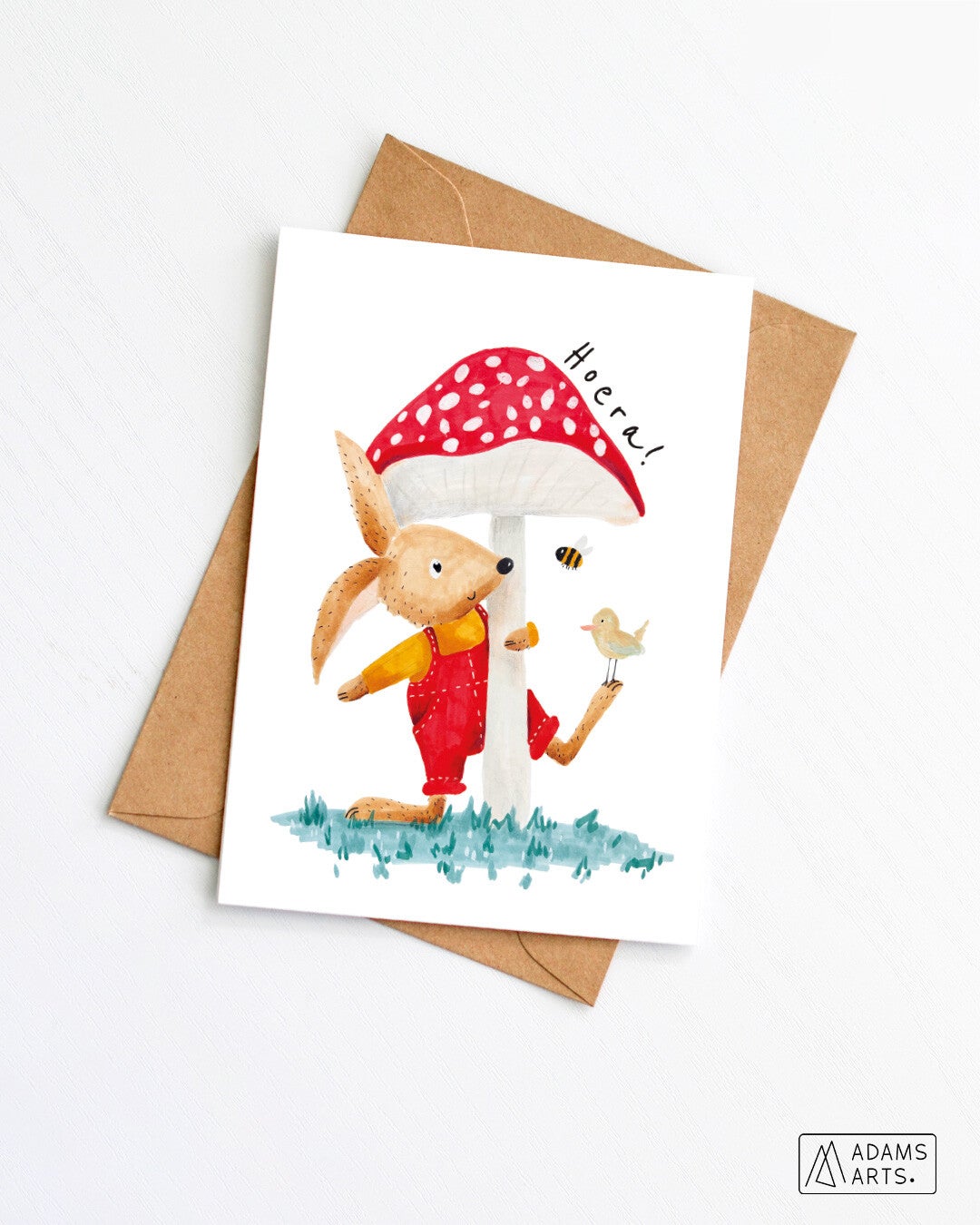 Verjaardagskaart/feestkaart/communiekaart // Hoera - konijn paddestoel