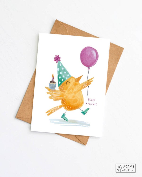 Verjaardagskaart/feestkaart/communiekaart // Hiep hoera - vogel