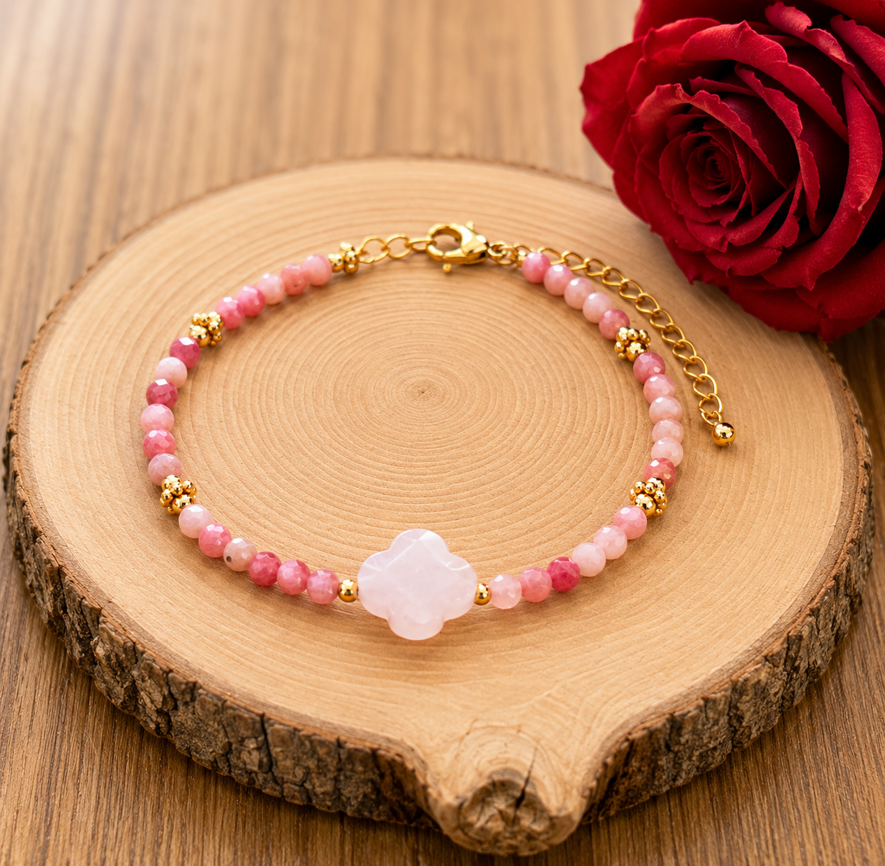 Bracelet réglable en acier inoxydable – Quartz Rose & Rhodonite