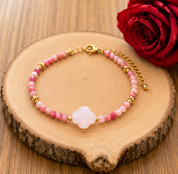 Bracelet réglable en acier inoxydable – Quartz Rose & Rhodonite