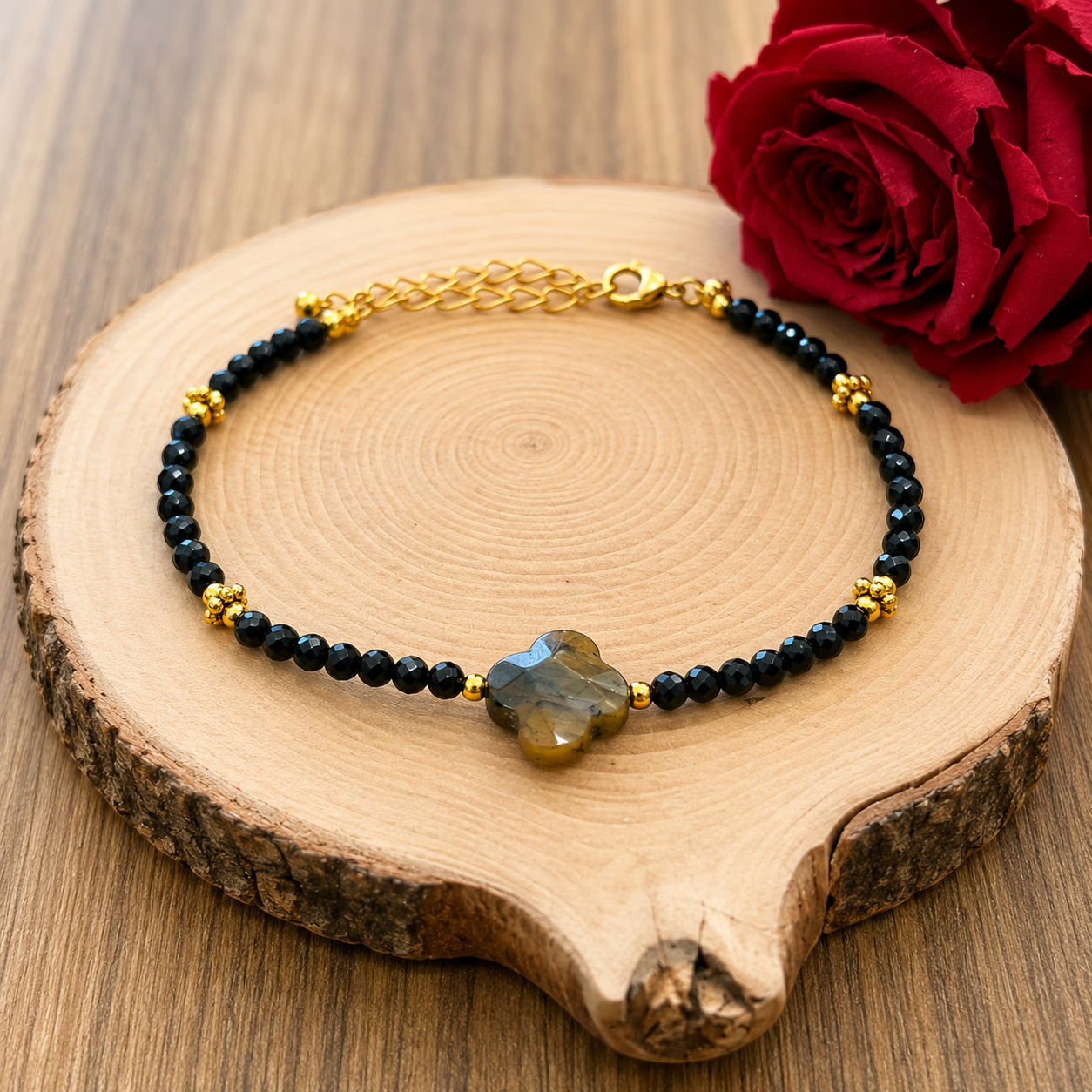 Bracelet réglable en acier inoxydable – Œil du Tigre & Onyx
