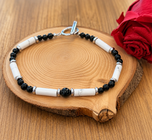 Bracelet Howlite & Onyx – Acier inoxydable