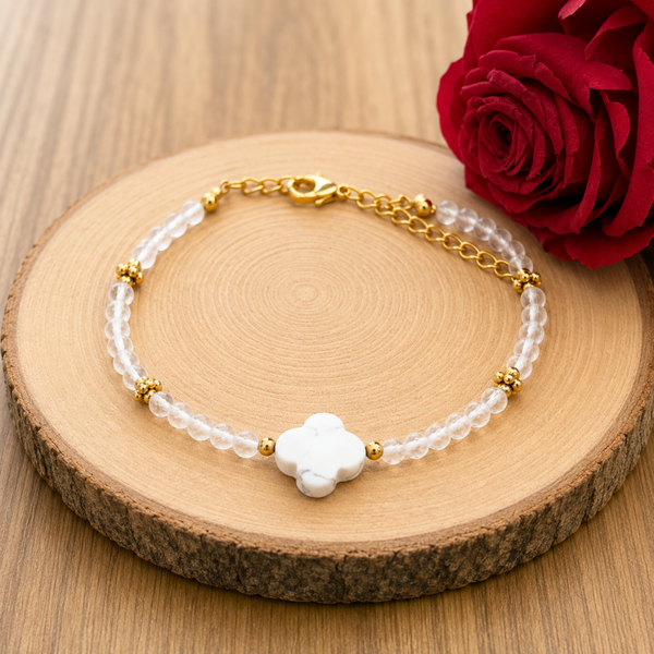 Bracelet réglable en acier inoxydable – Howlite Blanche & Cristal de Roche