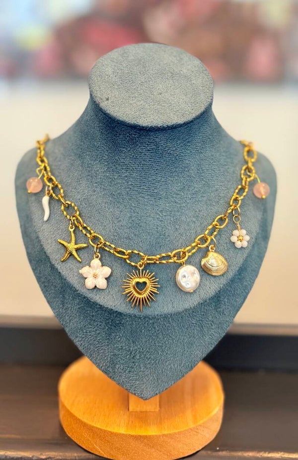 Collier baroque romantique – Quartz Rose, Cœur solaire & Symboles de douceur