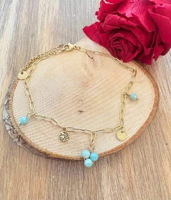 Chaîne de cheville en acier inoxydable doré & perles d’Amazonite