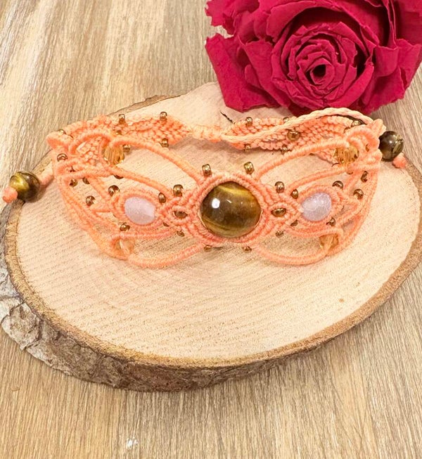 Bracelet en macramé – Œil du Tigre & Pierre de Lune (réglable)
