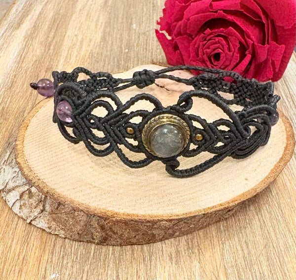 Bracelet en macramé – Améthyste & Labradorite (réglable)