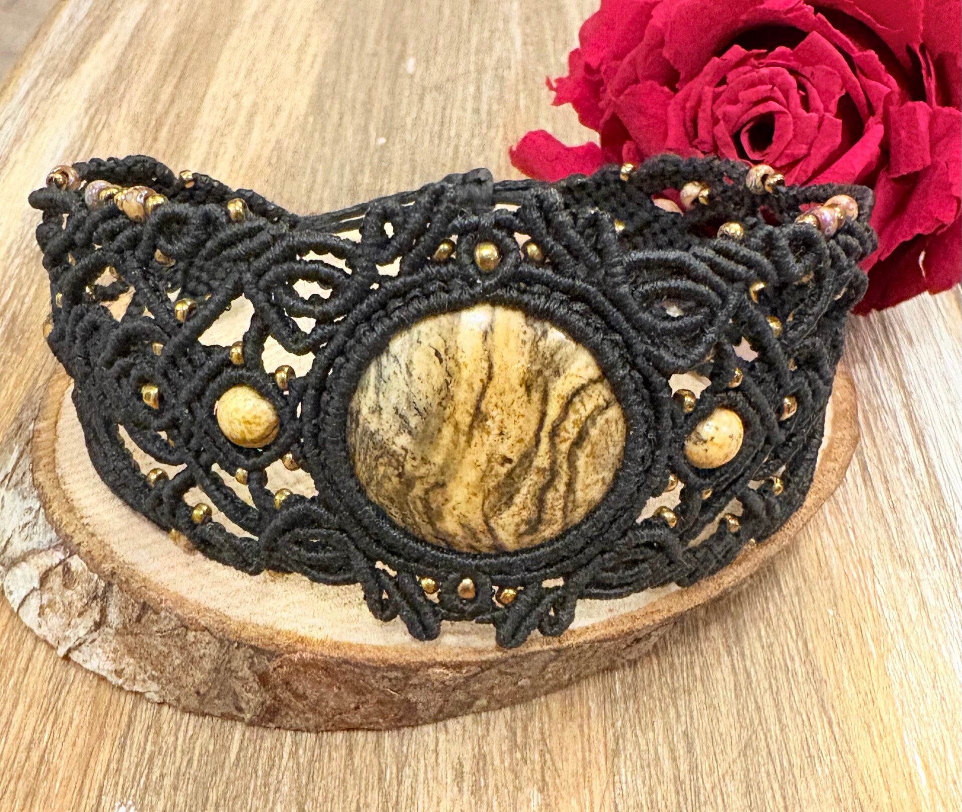 Bracelet en macramé – Jaspe Paysage (réglable)