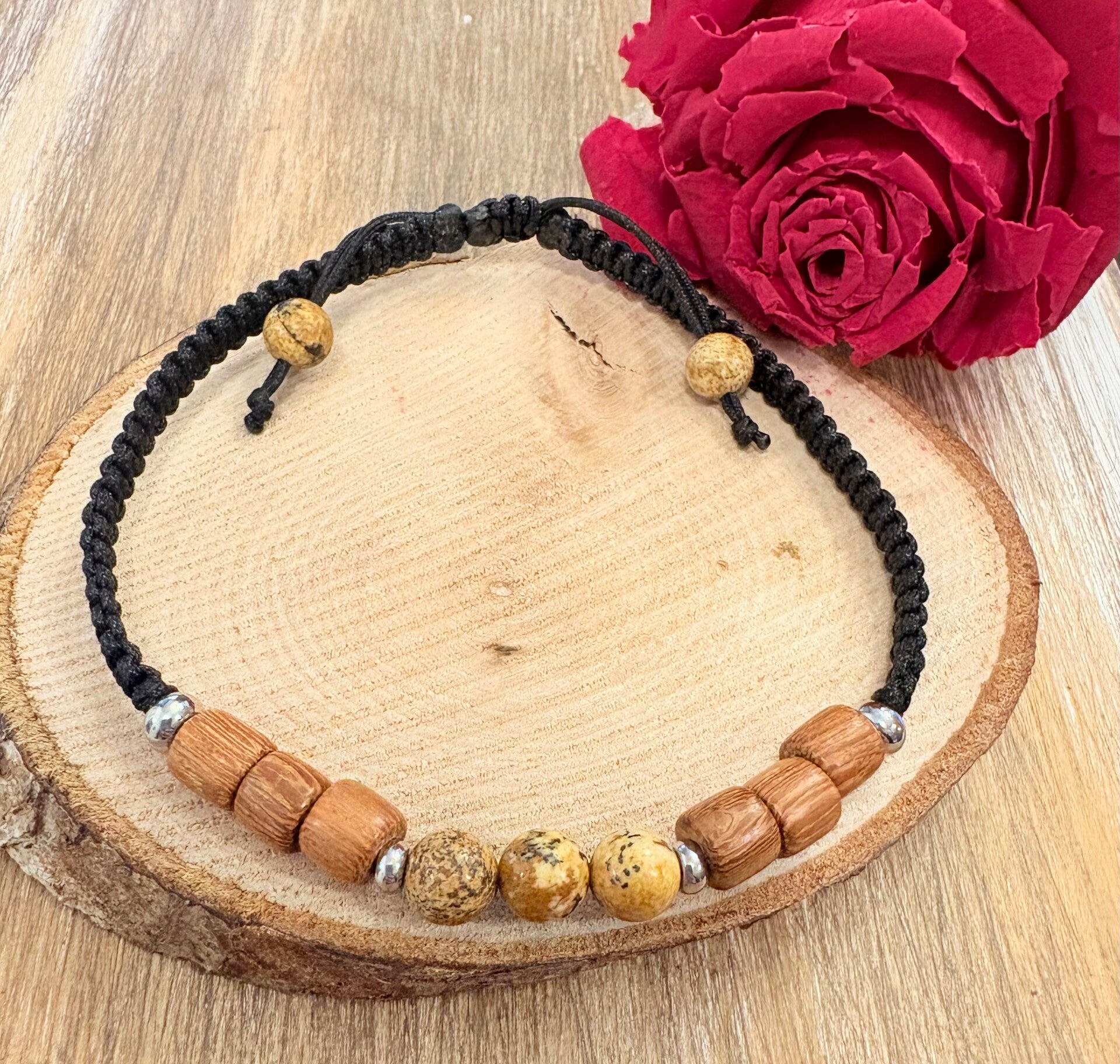 Bracelet Jaspe Paysage & Bois – Macramé artisanal