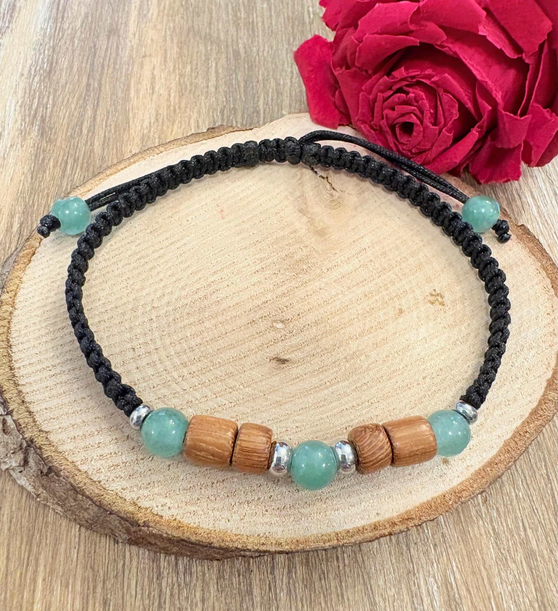 Bracelet Aventurine & Bois – Macramé artisanal