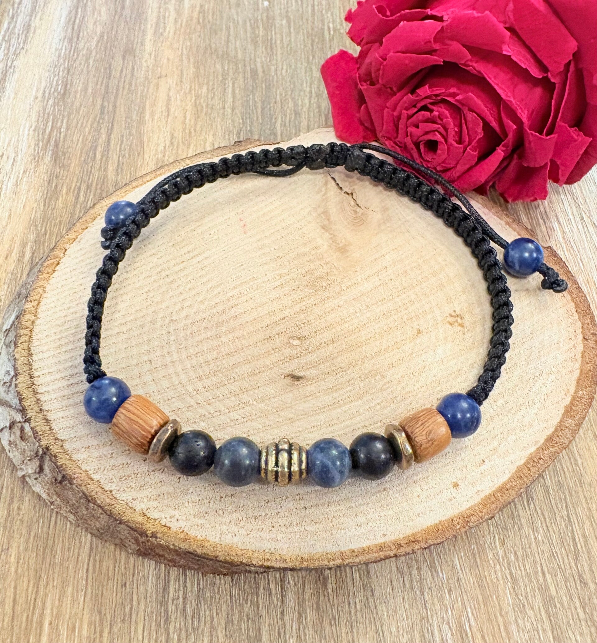 Bracelet Sodalite, Onyx & Bois – Macramé artisanal