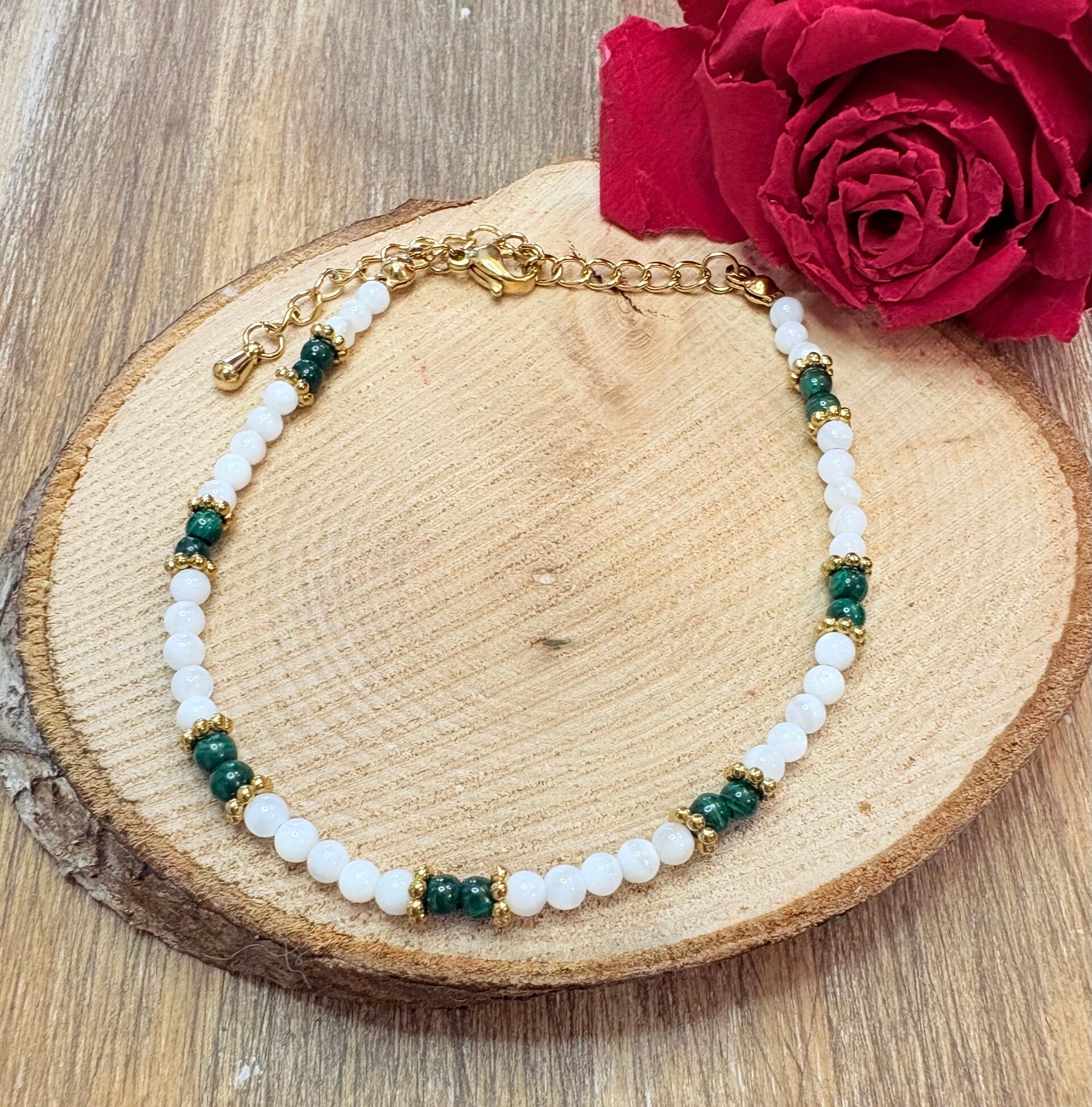 Bracelet en acier inoxydable, malachite et nacre