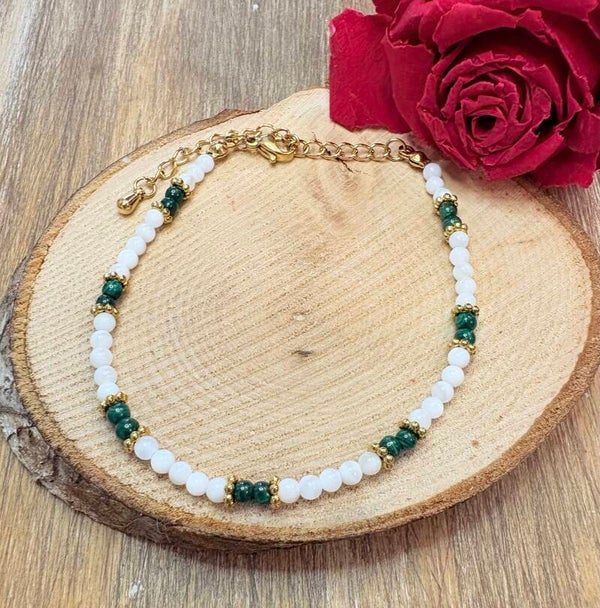 Bracelet en acier inoxydable, malachite et nacre