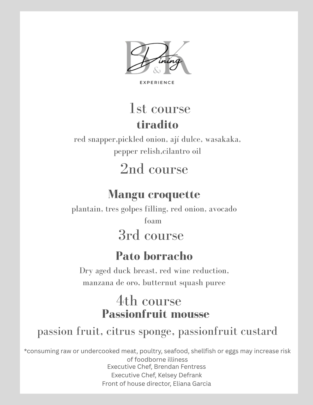 Private Course Menu Examples Sample menus | B&K Dining Experience