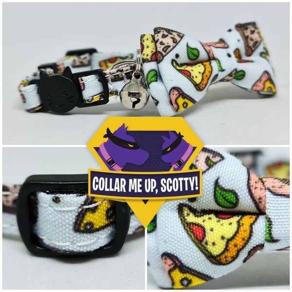 Kattenbandje met pizza's, belletje en strikje