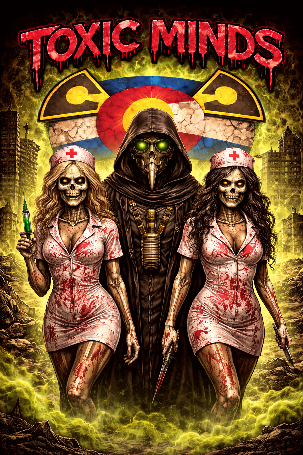 Toxic Minds Plague Doctor and Nurses Wasteland Black T-shirt