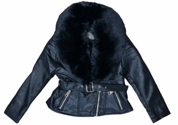 Leren jas met zwarte bontkraag