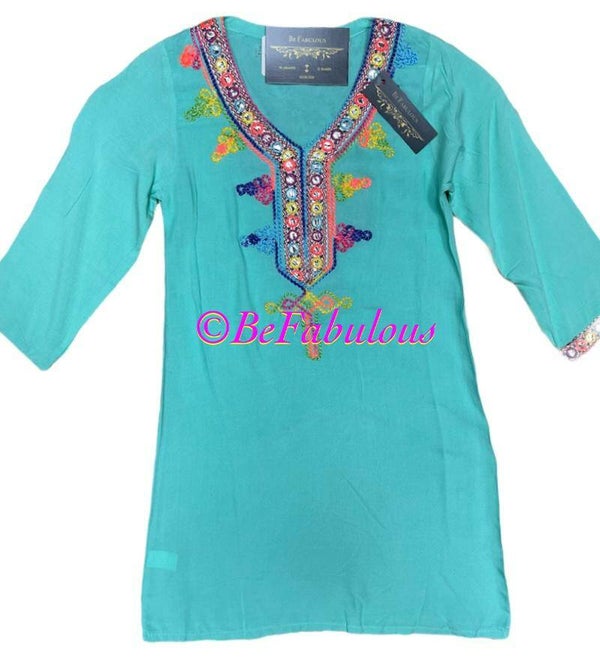 Katoenen Marokkaanse huisjurk met lange mouwen Turqoise