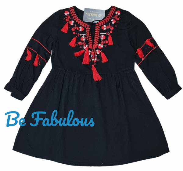 Katoenen jurk met rode borduur Zwart