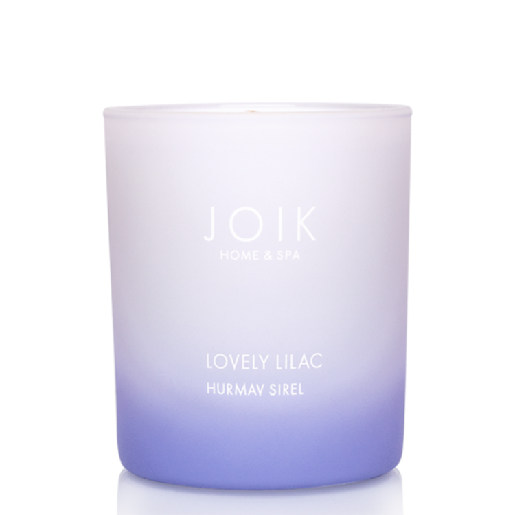 Vegan geurkaars Lovely Lilac van koolzaadwas, 150 gr. in gekleurd glas