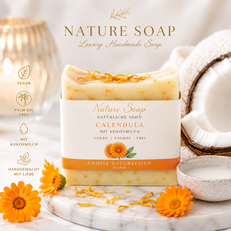 Natuurlijke Zeep “Calendula” met Kokosmelk – Luxe Vegan Zeep Palmolievrij