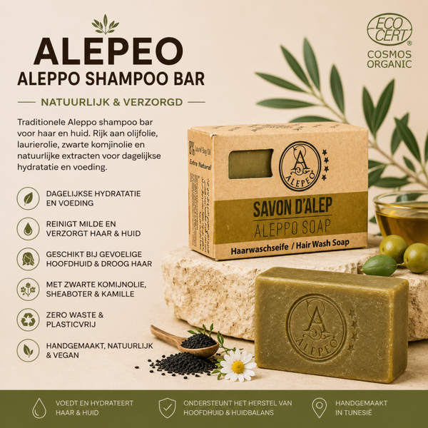 Alepeo Aleppo Shampoo Bar 100g – Natuurlijke Shampoo & Zeep met Zwarte Komijnolie | Vegan
