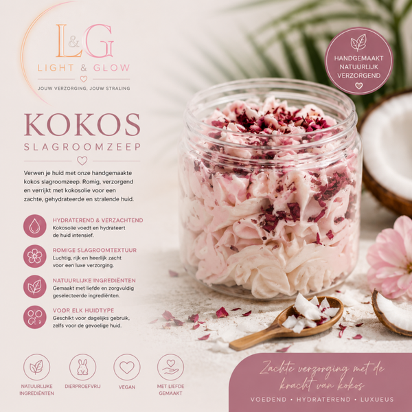Light & Glow Kokos Slagroomzeep 120 ml | Handgemaakte Body Wash met Kokosolie