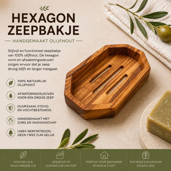 Hexagon Zeepbakje van Olijfhout – Handgemaakt Zeepschaaltje met Waterafvoer