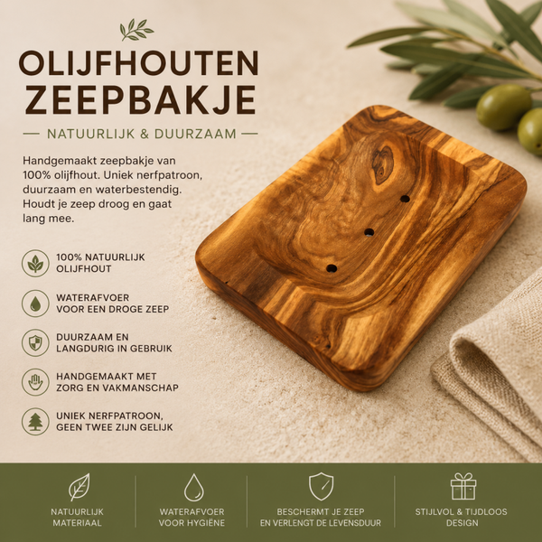 Olijfhouten Zeepschaal Rechthoekig Rond – Handgemaakt Zeepbakje met Waterafvoer