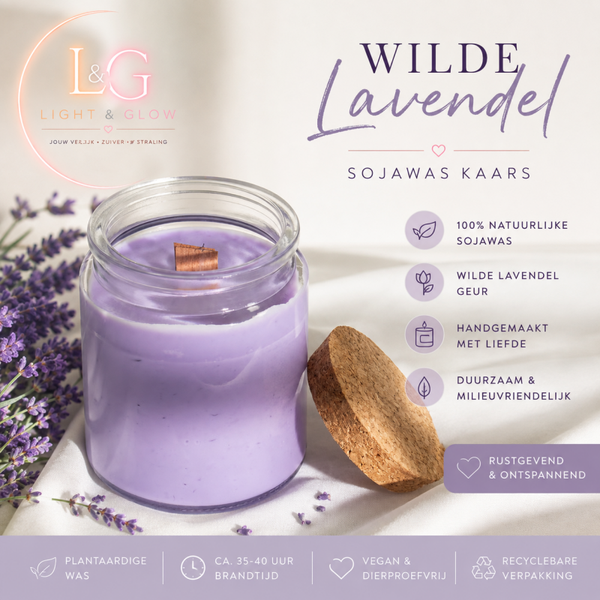 Light & Glow – Wilde Lavendel Sojawas Kaars 355 g | Handgemaakt | Natuurlijke Geurkaars | Houten Lont | Rustgevend & Duurzaam