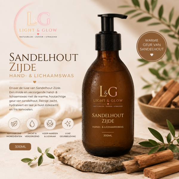 Light & Glow Sandelhout Zijde Hand- & Lichaamswas 300 ml – Luxe Hydraterende Wasgel