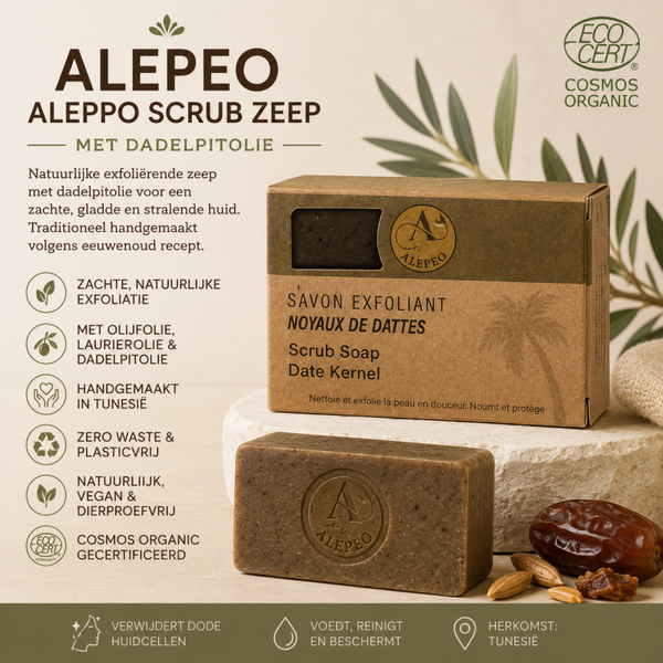 Alepeo Aleppo Scrub Zeep met Dadelpitolie 100g – Natuurlijke Exfoliërende Olijf- & Laurierzeep | Biologisch & Vegan