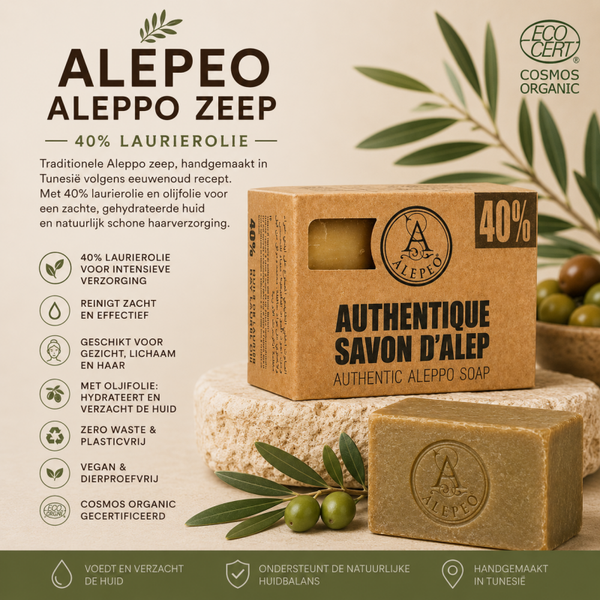 Alepeo Aleppo Zeep 40% Laurierolie 200g – Extra Verzorgende Olijfzeep | Natuurlijk & Vegan