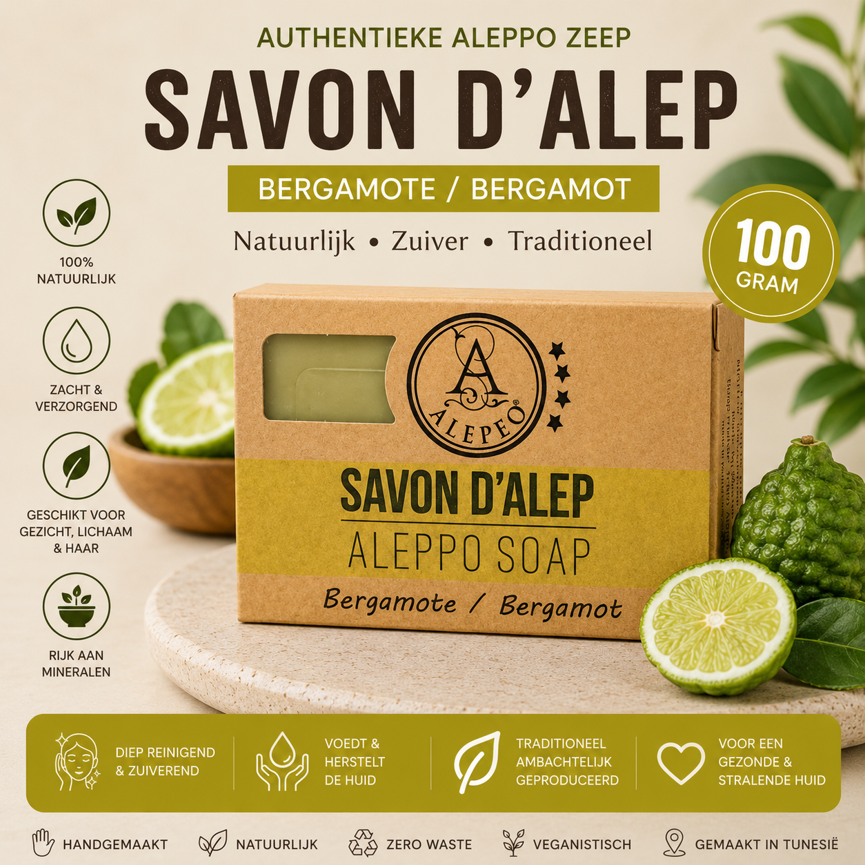 Producttitel Alepeo Aleppo Zeep Bergamot – 100 Gram | Natuurlijke Verzorgende Zeep