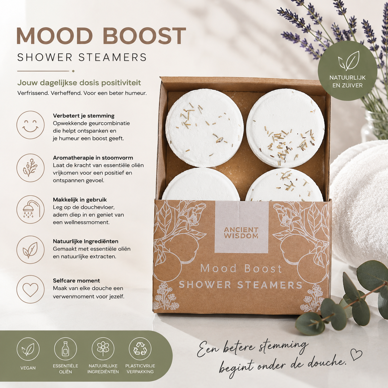 Ancient Wisdom Mood Boost Shower Steamers – 4 Stuks – Douchetabletten met Essentiële Oliën – Aromatherapie – Vegan