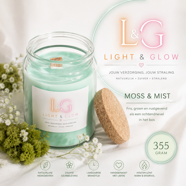 Light & Glow Moss & Mist Geurkaars – 355 Gram – Houten Lont – Sojawas – Handgemaakt