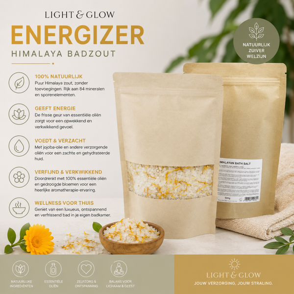 Light & Glow Energizer Himalaya Badzout – 500 Gram – Badzout met Essentiële Oliën & Jojobaolie – Verfrissend & Verzorgend