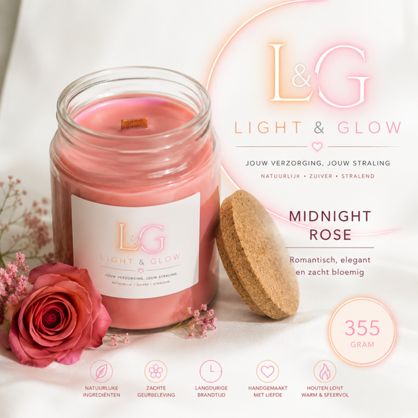Light & Glow Geurkaars Midnight Rose – 355 Gram – Houten Lont – Handgemaakt – Luxe Sojawas Kaars