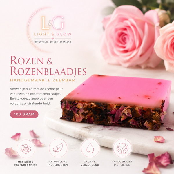 Light & Glow Rozen & Rozenblaadjes Zeepbar 100 Gram – Handgemaakte Luxe Verzorgende Zeep