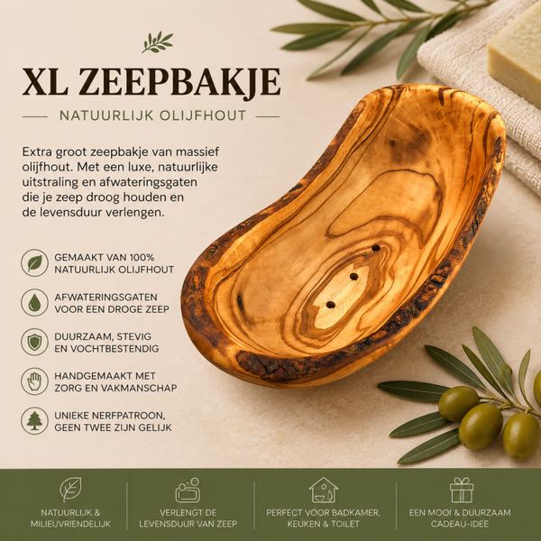 XL Zeepbakje van Natuurlijk Olijfhout – Luxe Handgemaakt Zeepschaaltje met Waterafvoer