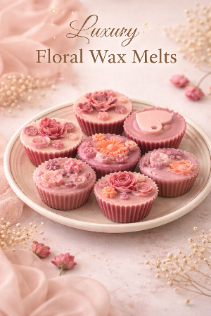 This is a plate filled with wax melts candles made in the shape of muffins.  The are topped with hearts and roses.